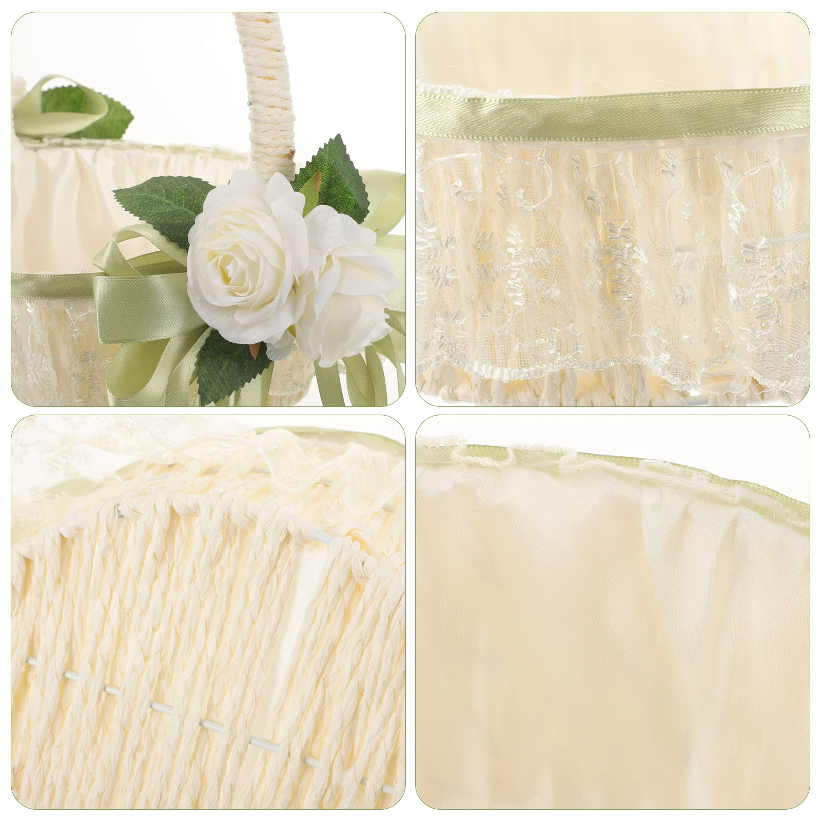 

White Flower Girl Basket with Handle Lightweight Plastic and Cloth Bowknot Design for Wedding Party Decoration Portable Petal