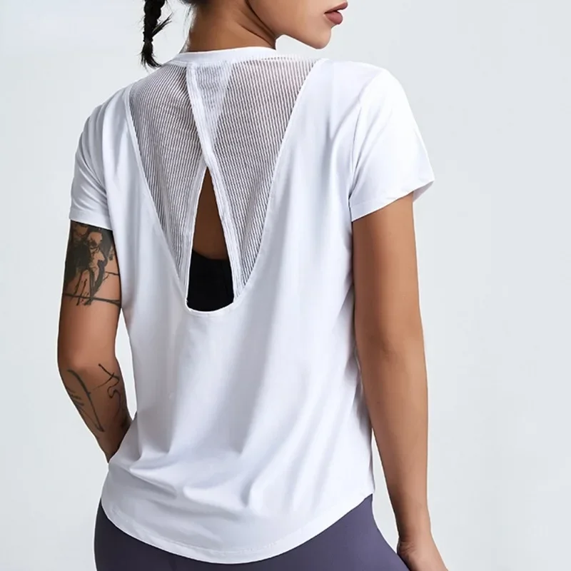 Loose Yoga Clothes Tops Short-Sleeved Running Quick-Drying Clothes T-Shirts Short Sports Hollow Fitness Clothes Women\'s Blouses