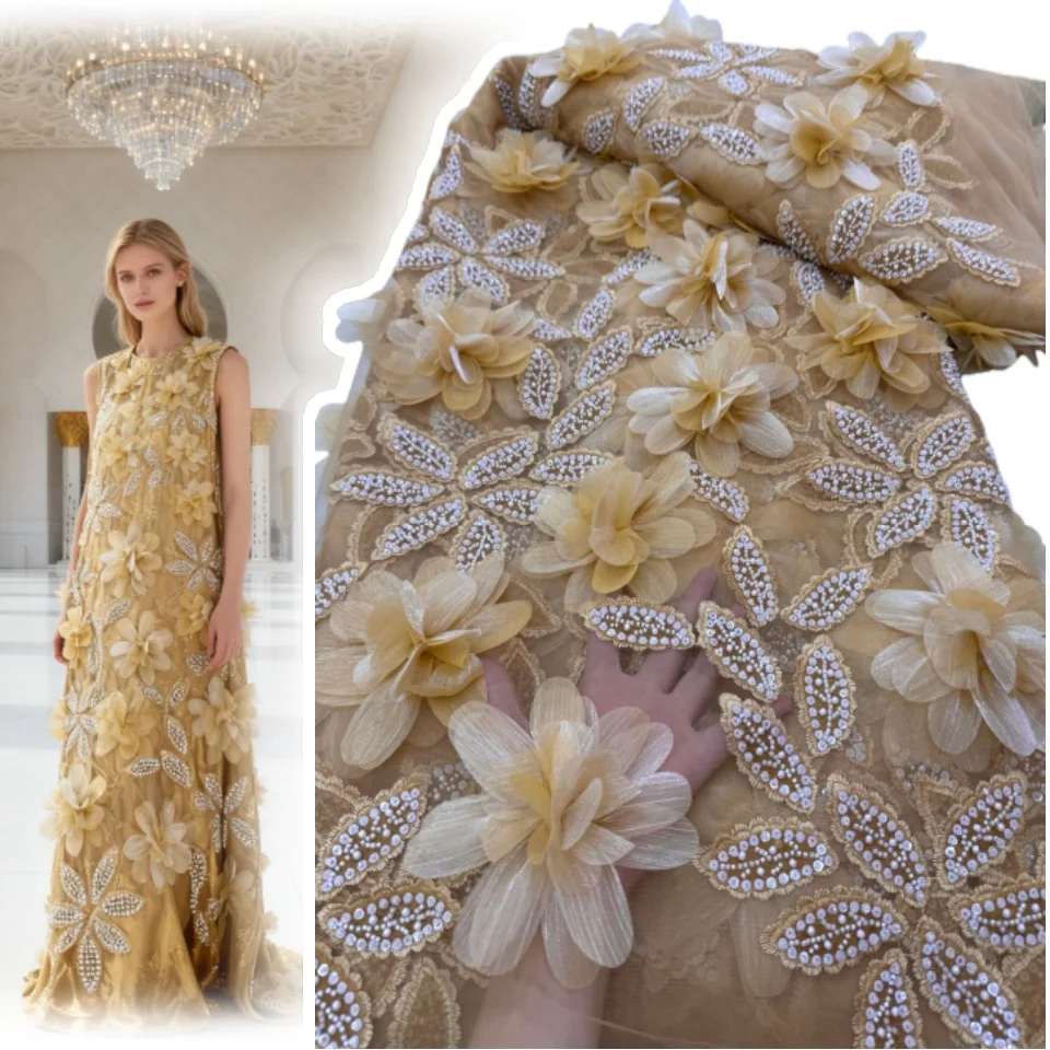 African 3D Floral Embroidered Beaded Lace Fabric 2026 Nigerian Sequined Lace Fabric Suitable for Wedding Dresses 5 Yards 1903