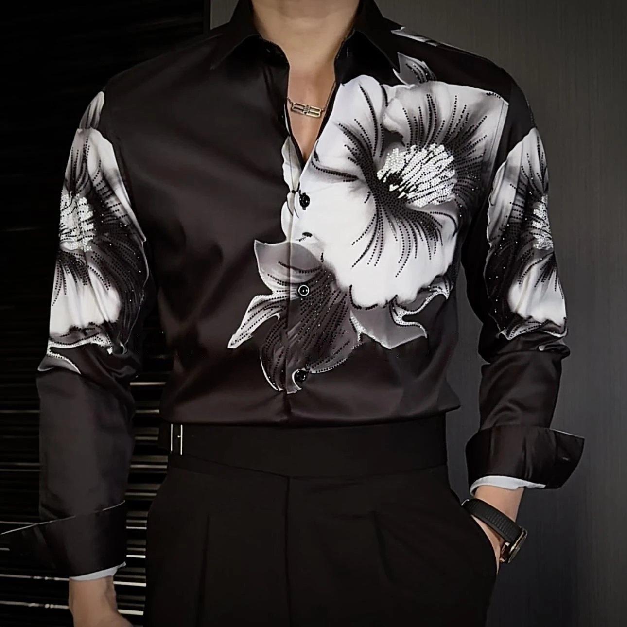 

Flower Shirt Men High Quality Rhinestones Shirt For Men Streetwear Black White Shirt Men Social Club Outfits Camiseta Masculina