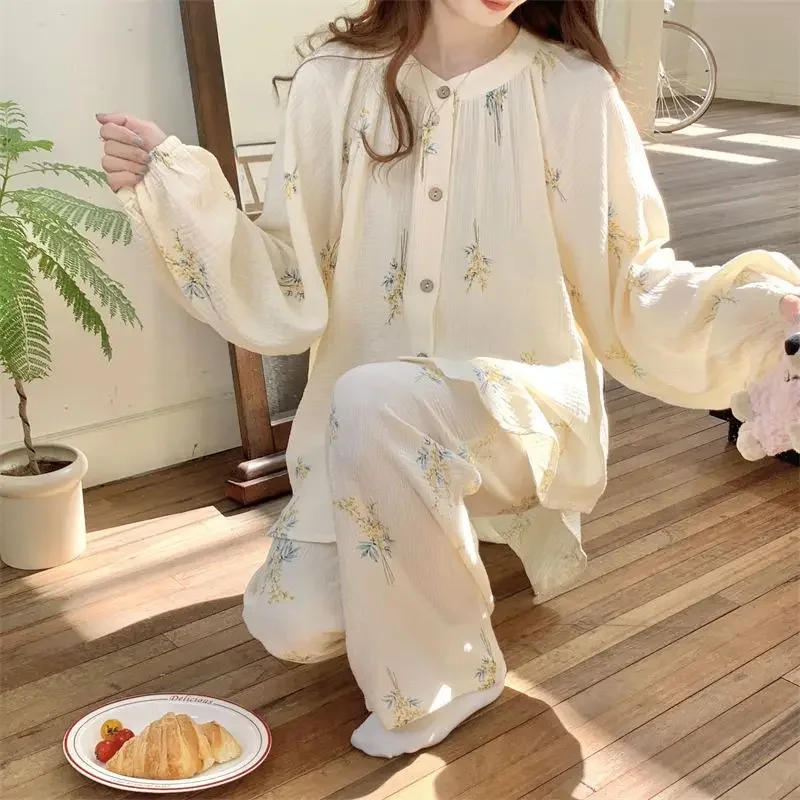 Pure Cotton Pajamas Female Long-sleeved Trousers Maiden Sweet Pupil Loungewear Two-piece Refreshing Spring and Autumn New Style