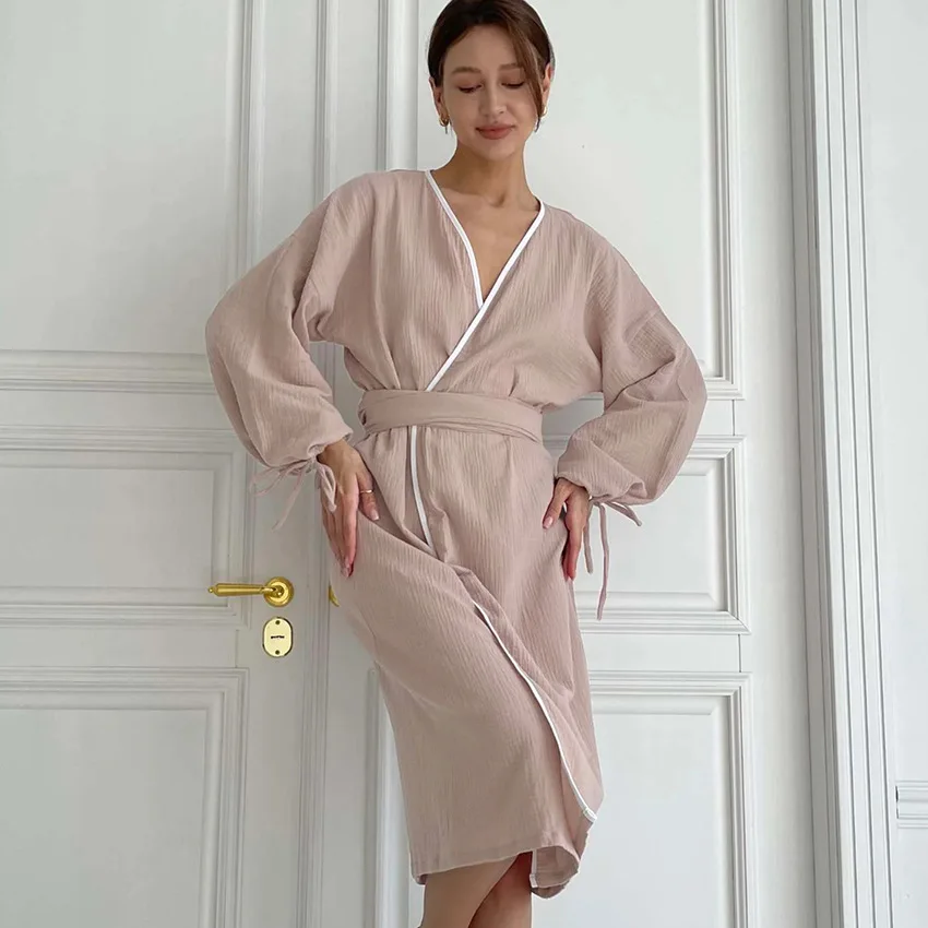 Autumn New France Pajamas for Women Cotton Comfort Home Nightgown With Belt Solid Color Long-sleeved Leisure Lady Night-robes