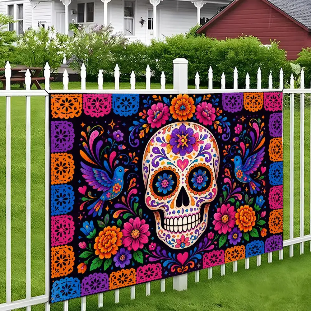 Day of the Dead flag vivid print hang reusable porch yard wall party sugar skull colorful flowers papel picado folk decor Flags