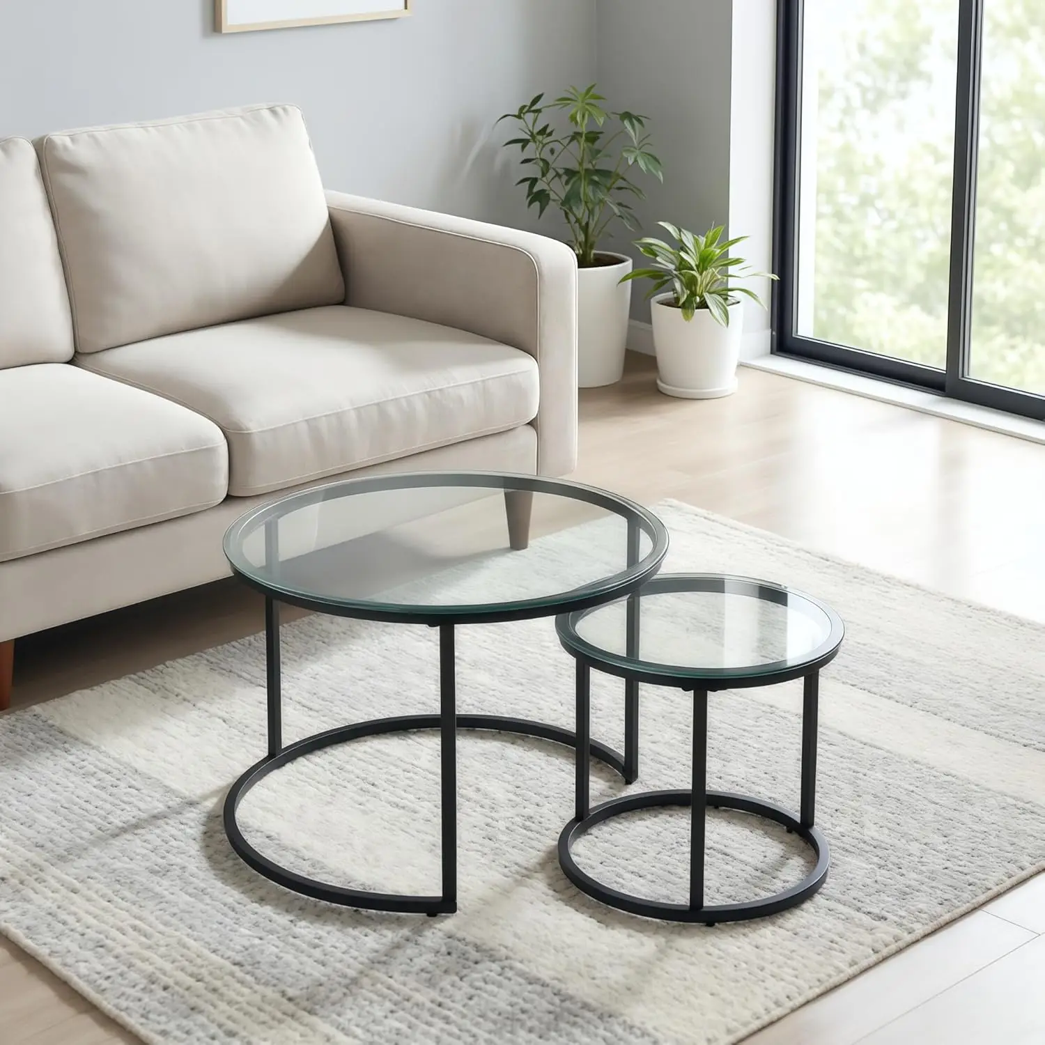 

Modern Nesting Coffee Tables, Set of 2, Round Stacking End Tables with Clear Tempered Glass and Black Frame, Minimalist Design for Living Room, Bedroom, Small Spaces
