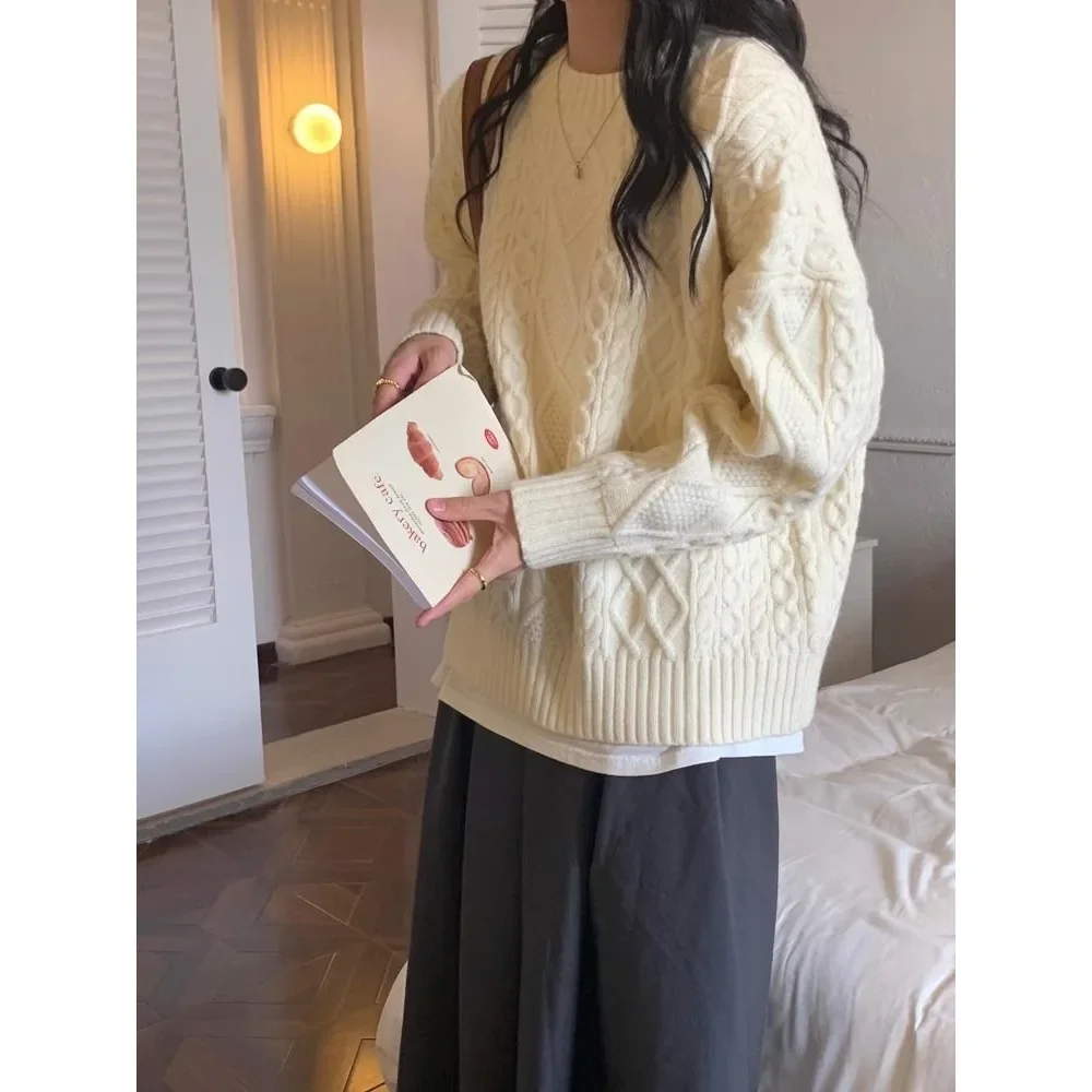 الأحمر فضفاض طاقم الرقبة تريكو المرأة الخريف الشتاء نمط جديد ملابس خارجية كسول البلوز سترة مستديرة الرقبة البلوز لسنة جديدة #3