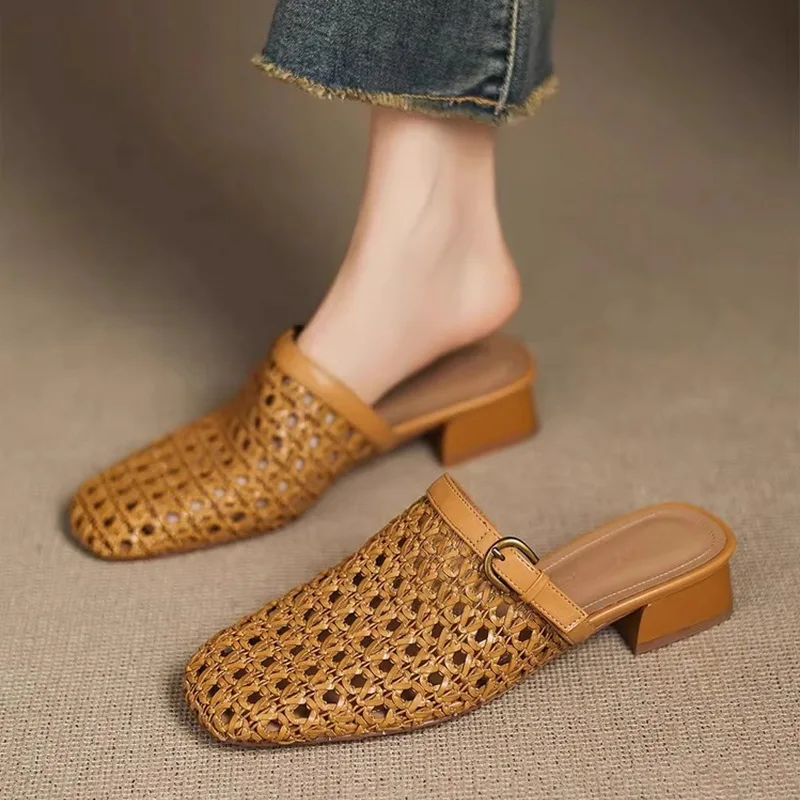 French Retro Fashion Woven Breathable Hollow Women's Slippers Bag Head Half Drag Summer Wear Low-heeled Casual Mesh Muller Shoes