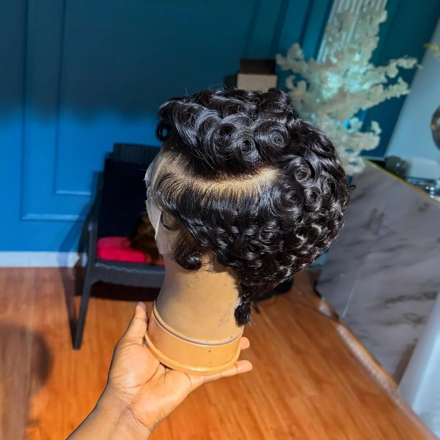 عابث قطع الدانتيل الجبهة خصلات الشعر المستعار الإنسان 13x4 الدانتيل الجبهة الباروكات شيك أنيق قصير مجعد الباروكات عابث قطع شعر مستعار مجعد للنساء #5