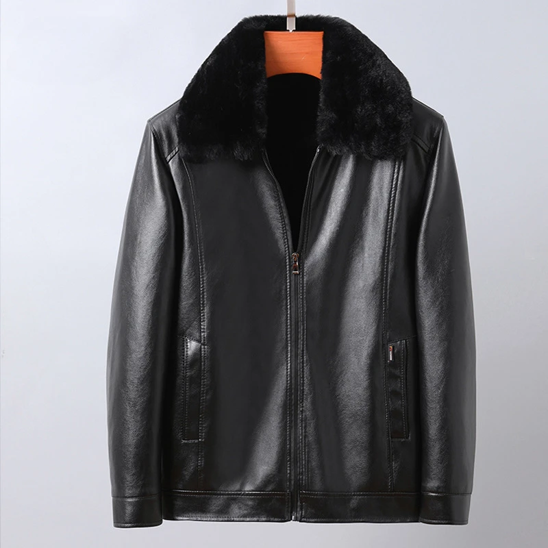 New Winter Men Fleece Leather Jackets Fur Collar Quality Male Casual PU Leather Coats Man Wool Liner Warm Leather Jacket 3XL