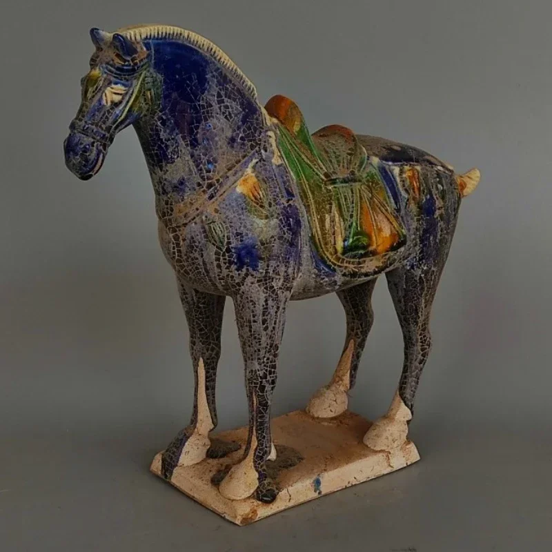 Tang Sancai Blue Glazed War Horse Home Decor Ancient Porcelain Unearthed in Imitation Museum Decoration Sculptures Figurines