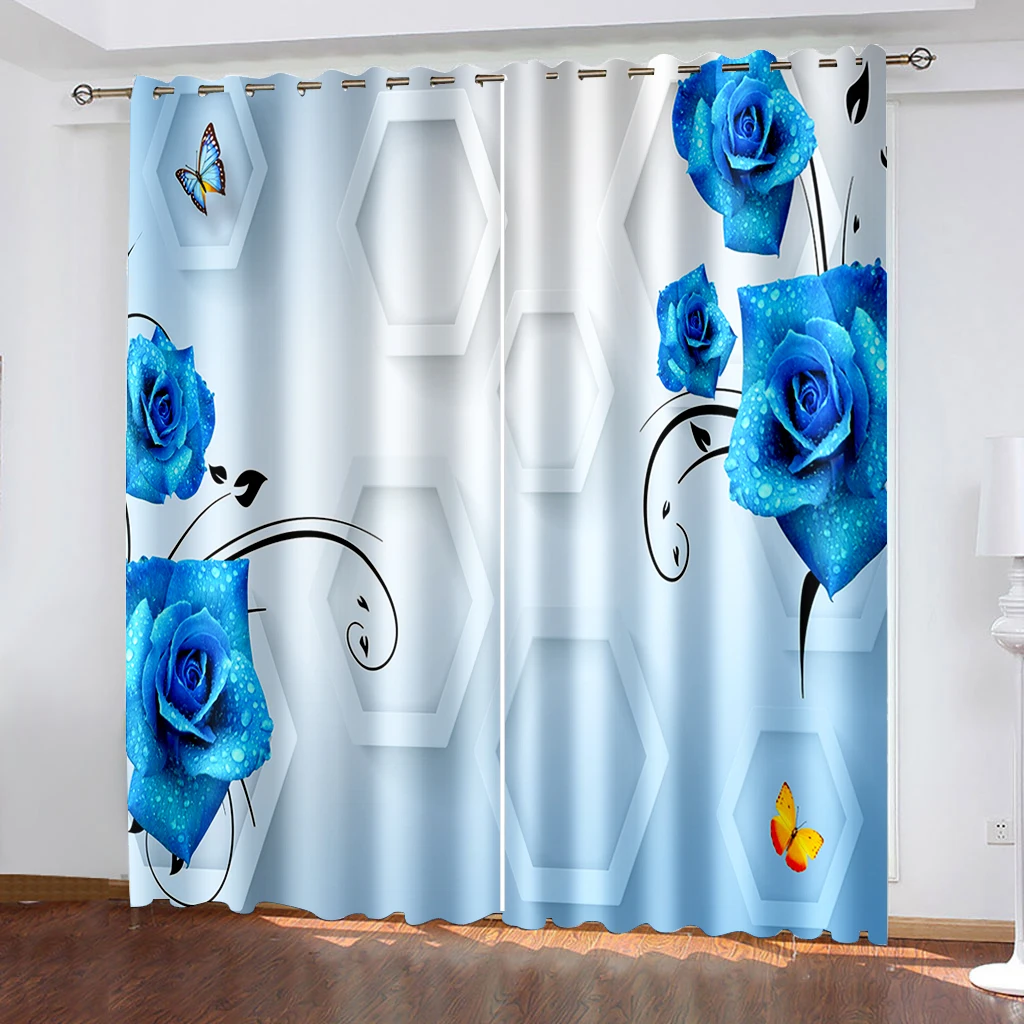 Beautiful Photo Fashion Customized 3D Curtains High quality custom 3d curtain fabric blue rose curtains