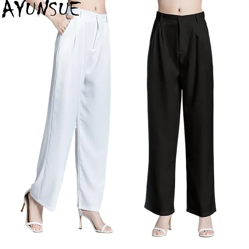 AYUNSUE 95% Mulberry Silk Women Pants Summer 2024 Office Wear Trousers Womens Wide Leg Baggy Pants Womans Clothing Pantalone