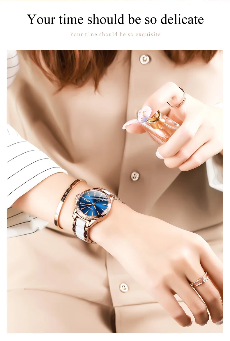 JINSHIDUN 8821 Automatikuhren für Damen, elegante Luxus-Keramik-Stahlarmbanduhr mit Doppelkalender, wasserdichte mechanische Damenuhren – Detail 10