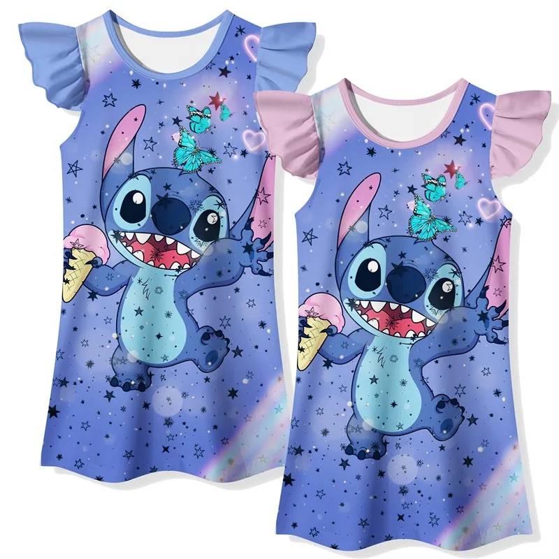 

2023 Kids Night Dress Baby Girls Cartoon Stitch Nightgown Silky Milk Silk Girls Sleepwear Pyjama Enfant Fille Kawaii Nightdress