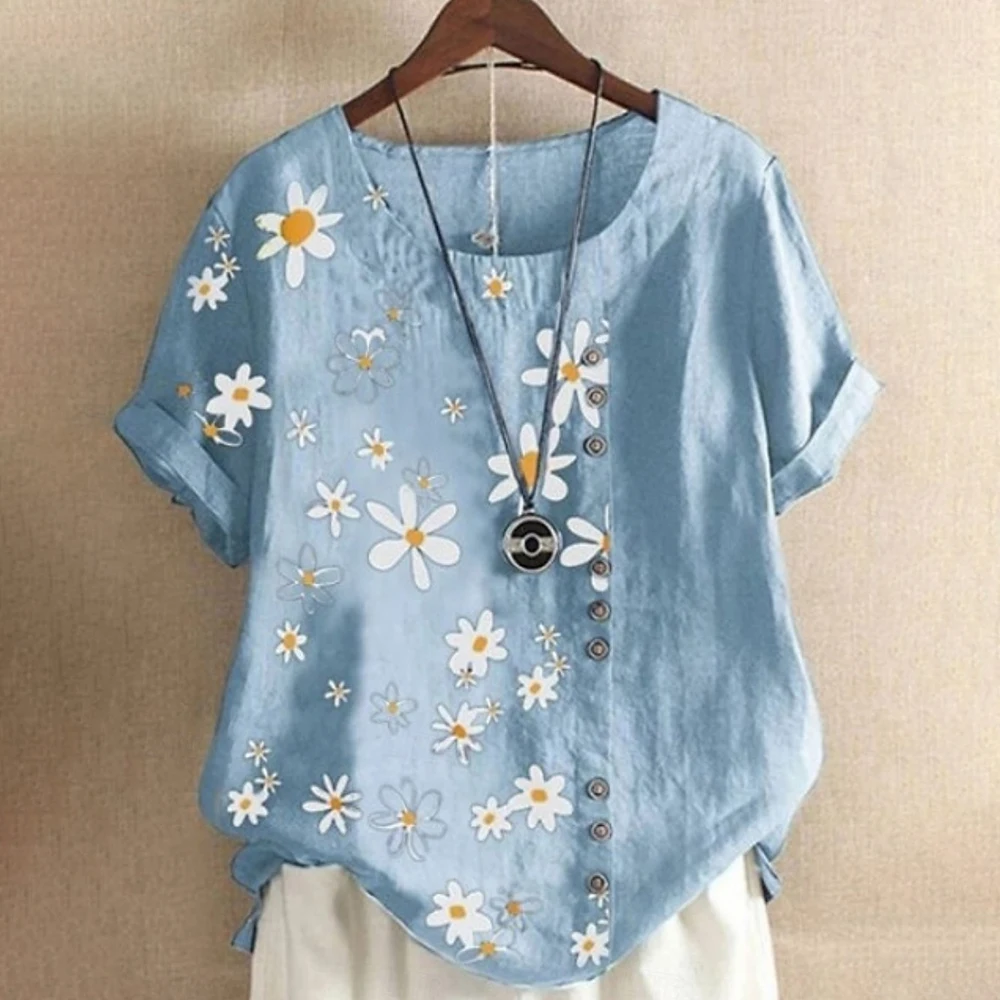 

Summer Ladies Cotton Linen T-Shirt Fashion Flower Pattern With Button Casual Short Sleeve Comfortable Breathable Women's Top