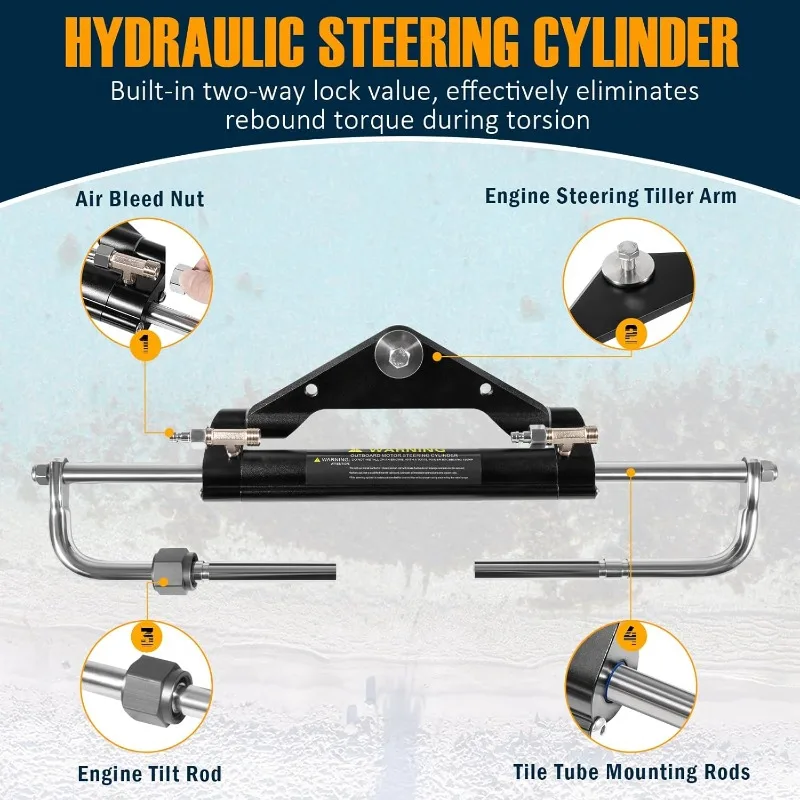 150HP Hydraulic Outboard Steering Kit Boat Marine System, Built-in Two-Way Lock Cylinder, 26ft High-Strength Nylon Hose