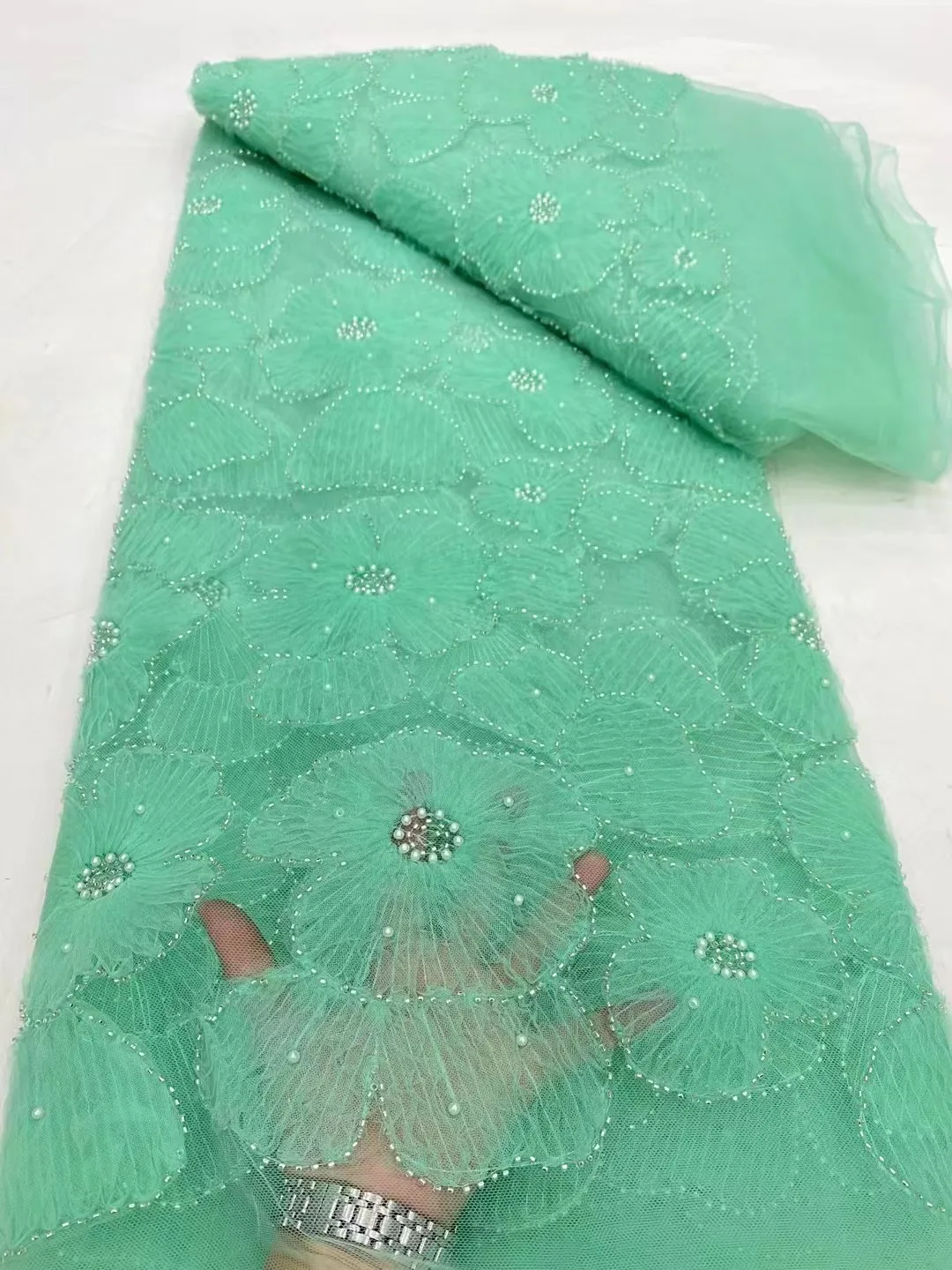 

2024 African Nigerian Latest High Quality Lace Fabric With Sequins Tulle Sewing Guipure Embroidery Dresses Beads Stone 5yards