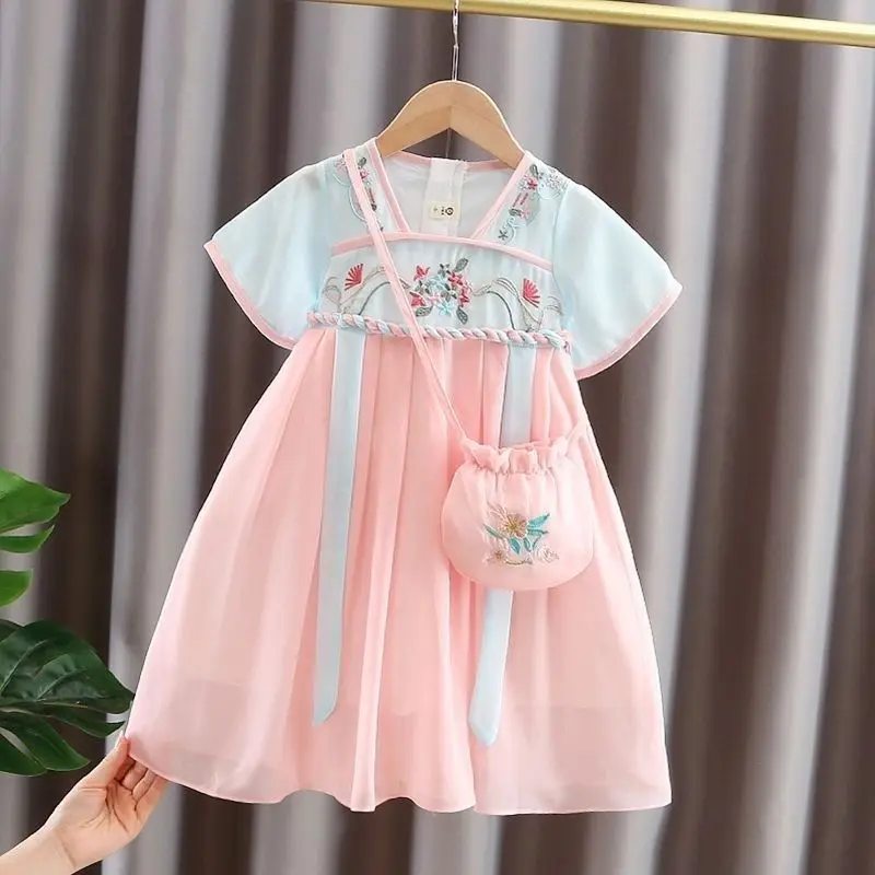 New Japanese and Korean Hanfu Children\'s Dress Thin Short Sleeve Princess Dress Tang Baby Super Fairy Chinoiserie Children\'s Sum