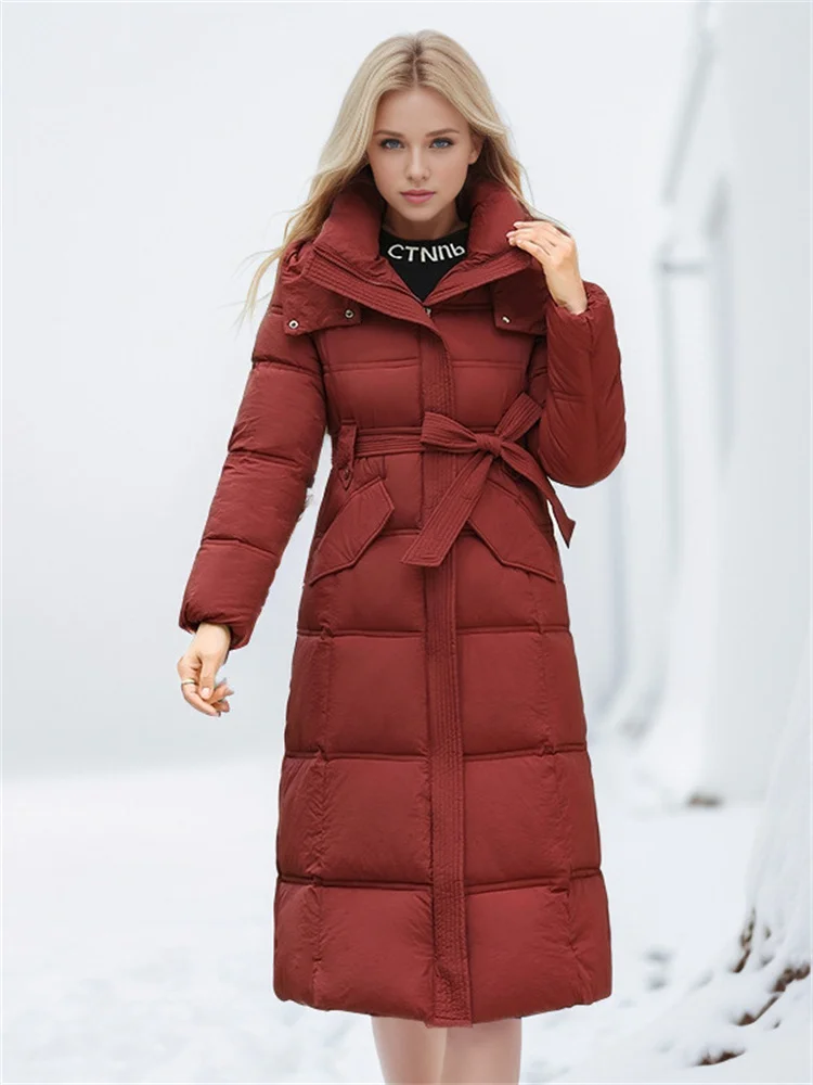 Women\'s Padded Jackets Long 2024 Winter New Fashionable Temperament Hooded Cinched Waist Ties Thickened Warm Coat