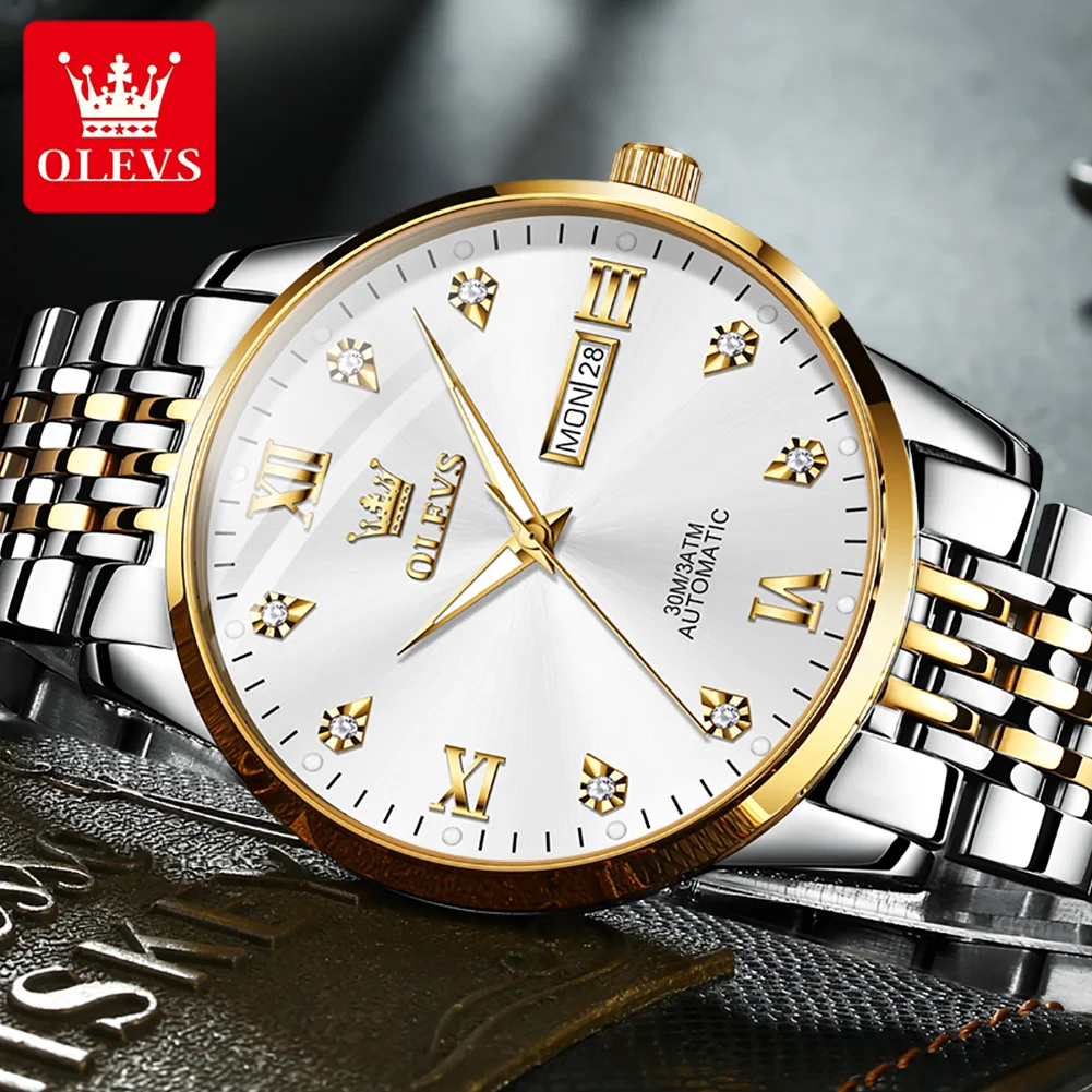 OLEVS Automatic Mechanical Watch for Men Original Luxury Stainless Steel Roman Numerals Dial Dual Calendar Gentlemen Wristwatch