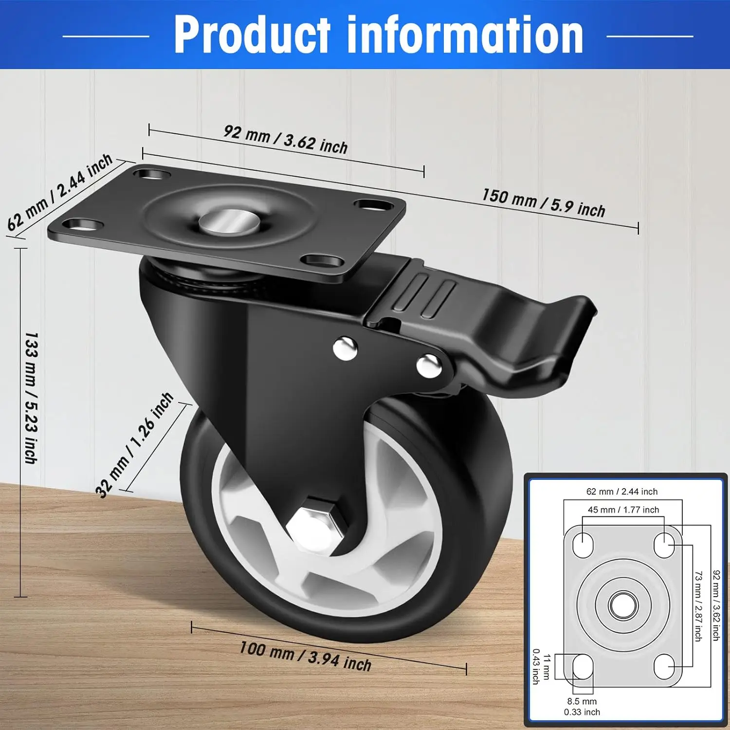 Roulettes RapDuty avec Frein, Roulettes à Verrouillage Antibruit, Roues PolyVr( PU), Plaque de Percussion C, Lot de 8