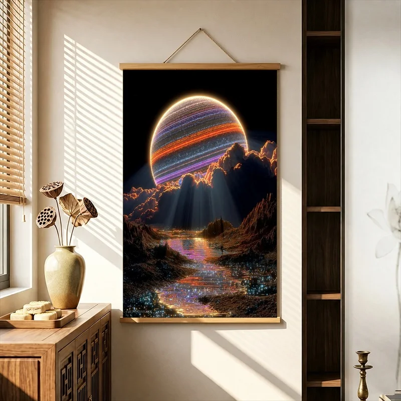 Cool Stuff for Room Astronaut Travelers and Planet Horizons, Futuristic Fantasy Pearlescent Canvas Hanging Scroll for Game Room