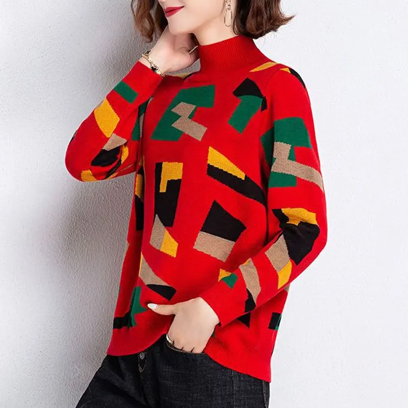 Commute Geometric Spliced Knitted Jumpers Female Clothing Vintage Screw Thread Autumn Winter Casual Half High Collar Sweaters