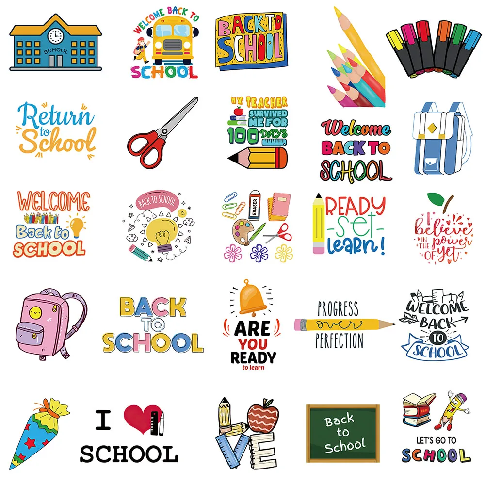 50pcs Back to School Kids Stickers Funny Cute Cartoon Water Bottle Sticker Laptop Luggage Guitar Waterproof Vinyl Car Decals