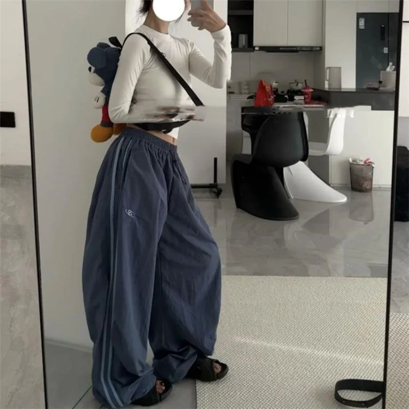 Harajuku خمر السراويل الفضفاضة أزياء المرأة مخطط جيب مرونة عالية الخصر واسعة الساق بانت عارضة عالية الشارع Sweatpant السراويل