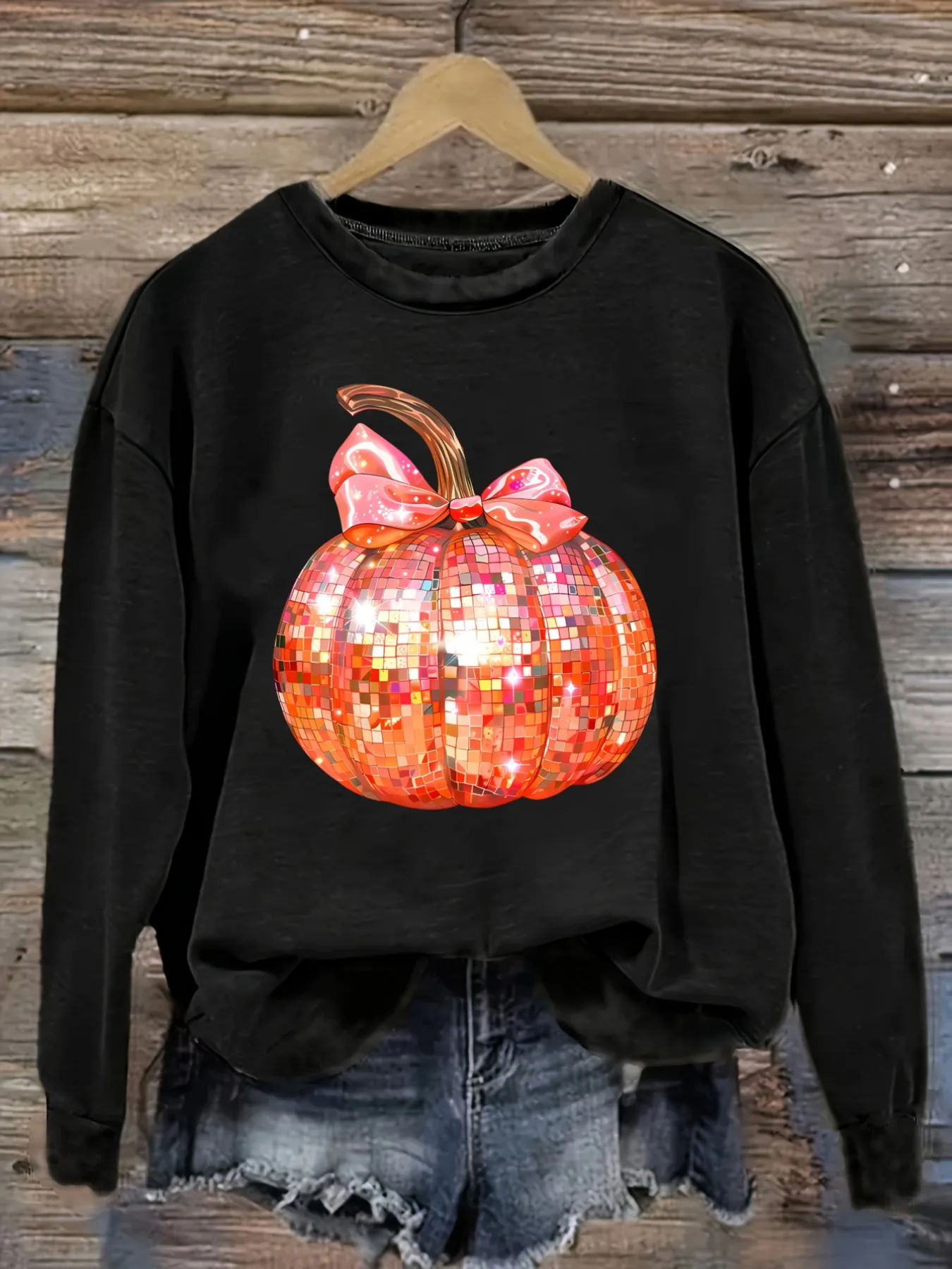 Women's Casual Long Sleeve Crew Neck T-Shirt Disco Pumpkin With Pink Bow Design, Round Neck Women's Clothing, Machine Washable, Slightly Elastic, Loose Fit, Spring Autumn Winter Women's T-Shirt, Halloween Costume Outfit