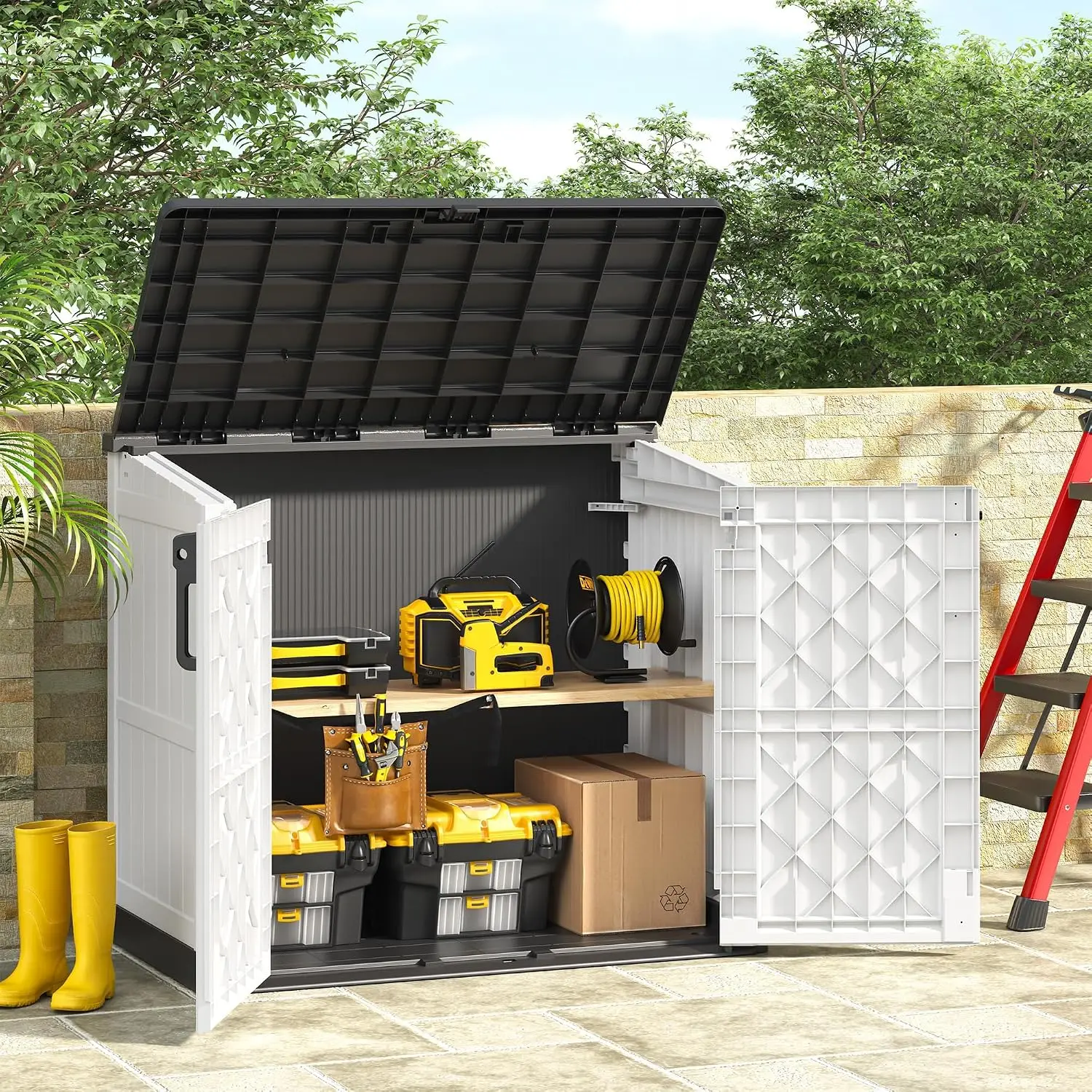 36 Cu Ft Outdoor Storage Cabinet Dual Lockable Doors Weatherproof Horizontal Shed Floor Garage Patio Backyard, Customized