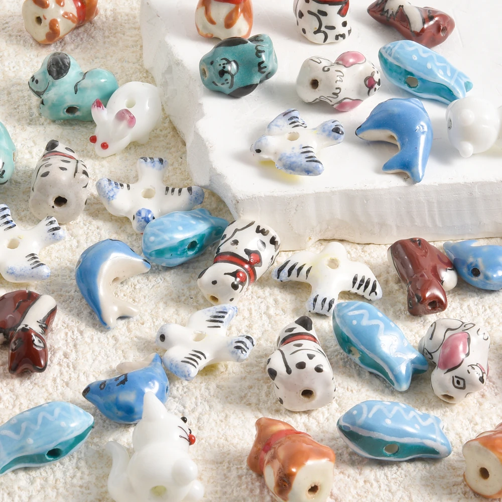 3Pcs Kawaii Hand Painted Cartoon Colorful Dog Pigeon Ceramic Beads Bisutería Fancy Glazed Sea Animal Fish Dolphin Charms Jewelry