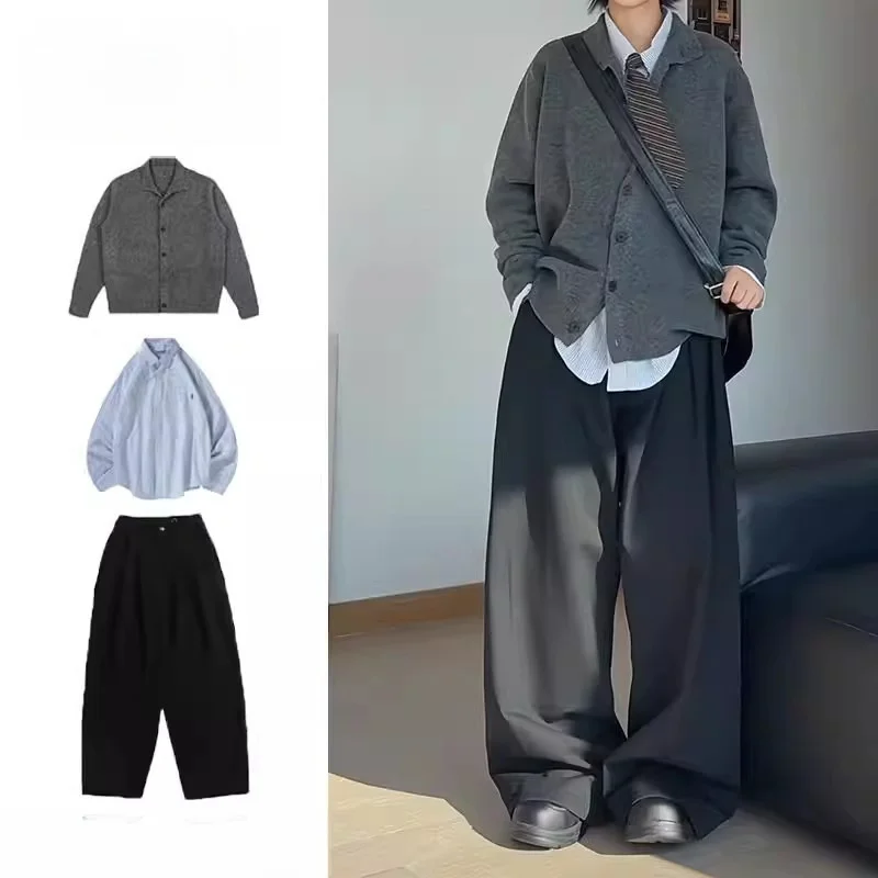 

Men's Knitted Cardigan Jaet Set Pure Color Versatile Long Sve Polyester Fiber Autumn Faion College Sle Retro Suit