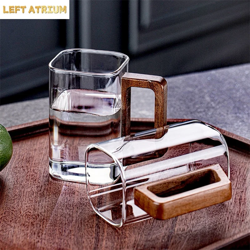 250ml Square High Borosilicate Glass Coffee Mug With Wooden Handle Heat-Resistant Tea Mug Breakfast Milk Caffe Americano Mugs
