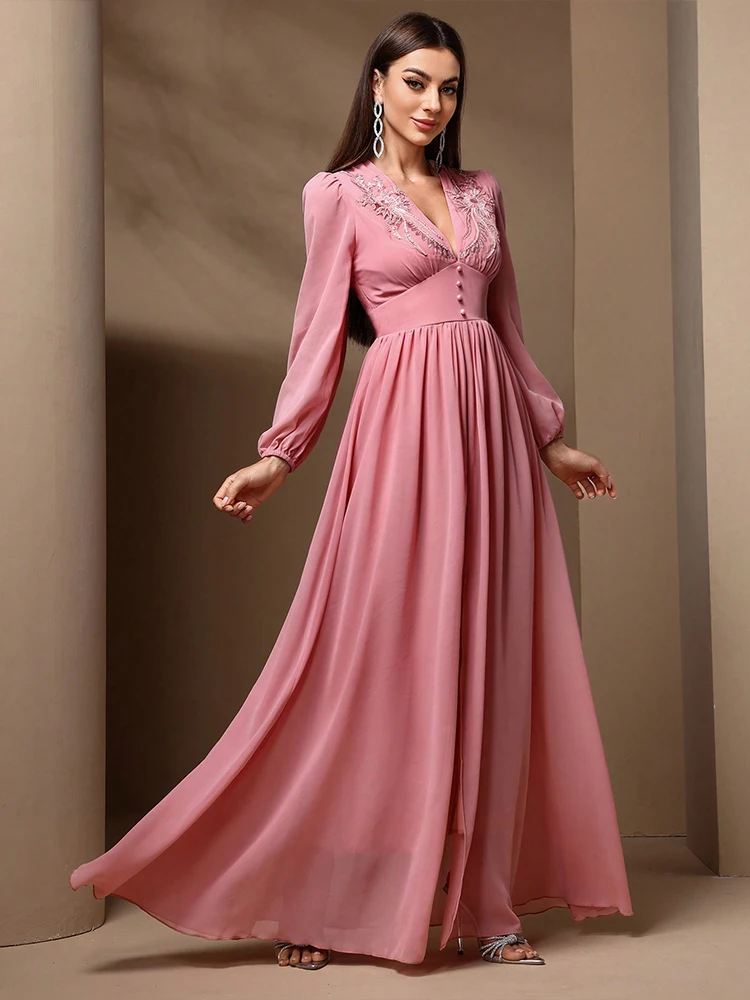 TOLEEN-vestidos hasta el suelo para mujer, moda de estilo industrial pesado, bengalas bordadas, vestido acampanado de gasa, vestido de dama de honor de boda