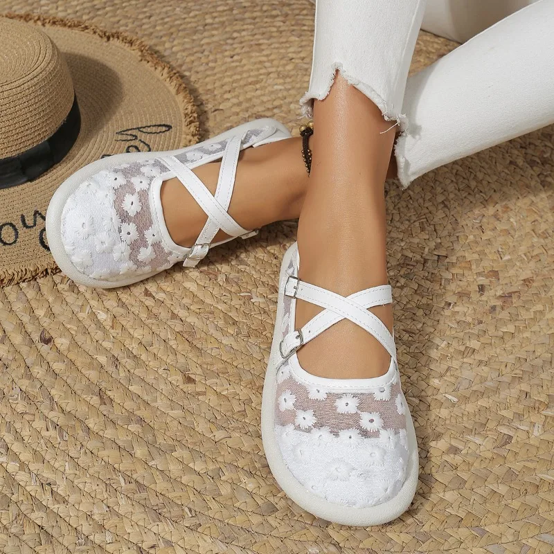 Mesh Basic Flats Round Toe Spring/autumn 2024 High Quality Ladies Shoes Slip-on Flower Concise Flats Sapatos Baixos Femininos