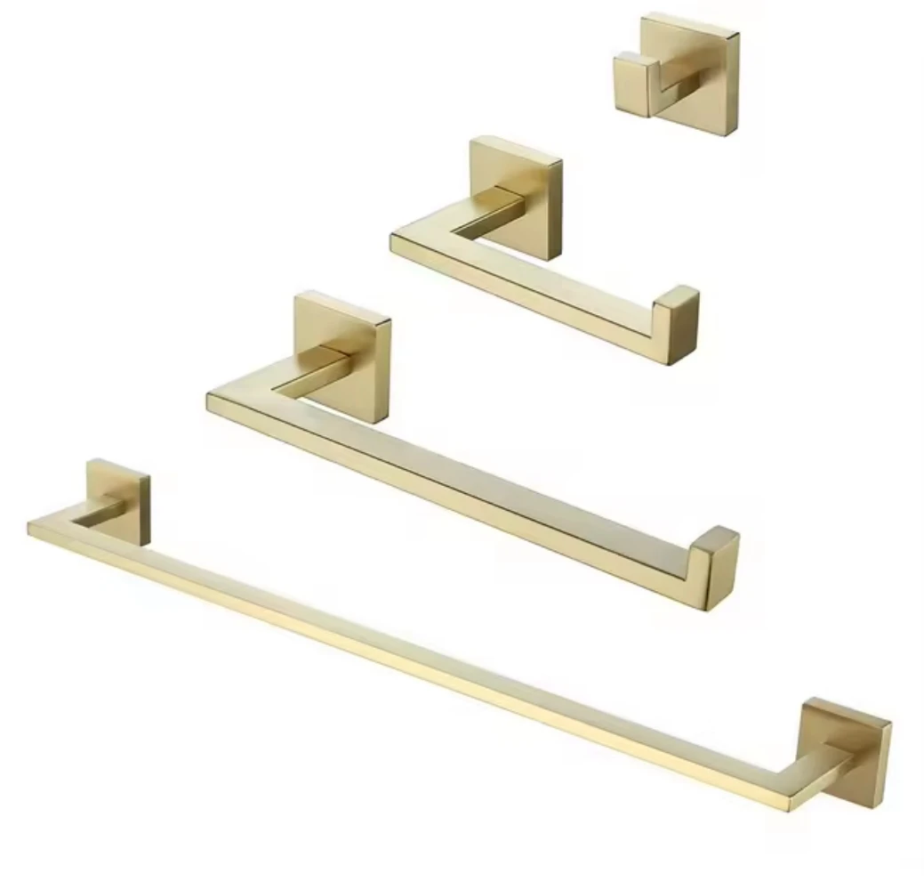 New Brushed Gold 4 Pieces Bathroom Hardware Accessories Set Towel Bar Towel Holder Robe Hook Toilet Paper Holder Stainless Steel