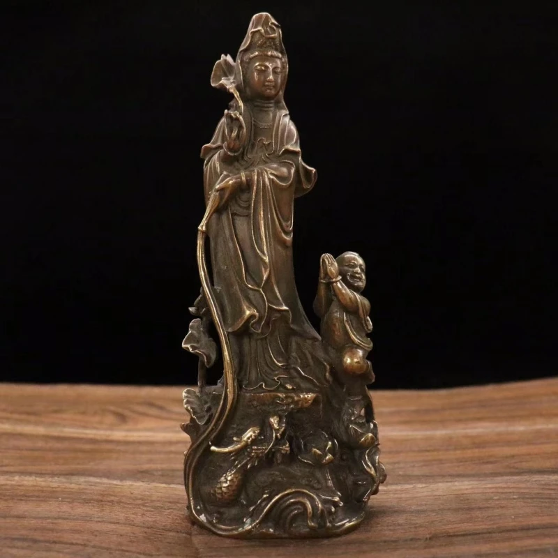 Sending Off The Child Guanyin Bodhisattva Standing Statue Retro Brass Home Desktop Ornament