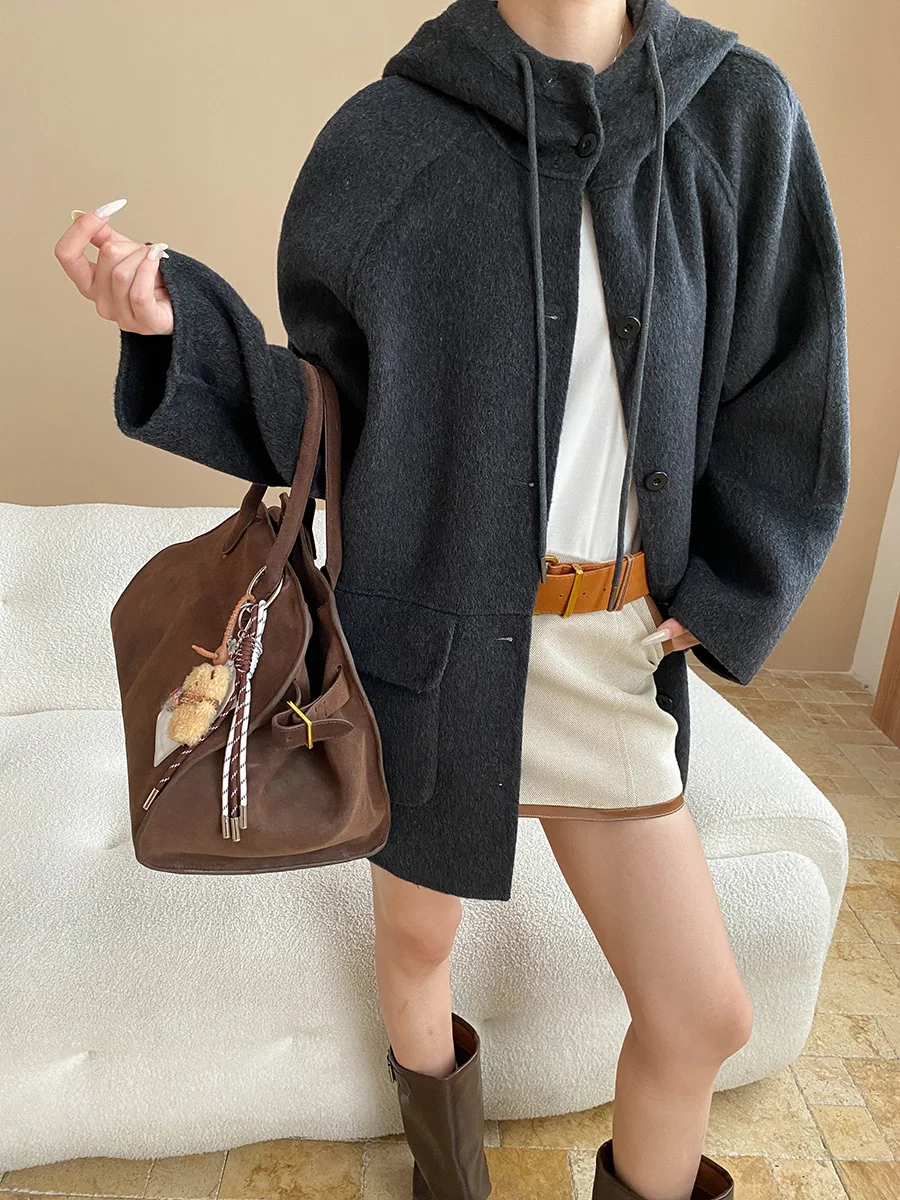 

Зимнее женское повседневное однотонное шерстяное двустороннее шерстяное пальто с карманами и капюшоном на шнурке