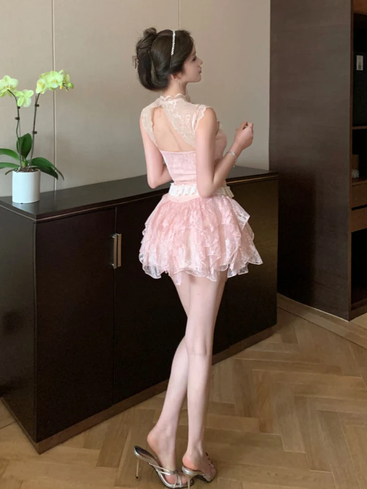 Elegante dolce 2 pezzi gonna set femminile fiocco pizzo Patchwork Y2k corsetto camicetta + minigonne abiti Lolita giapponesi 2024 estate nuovo