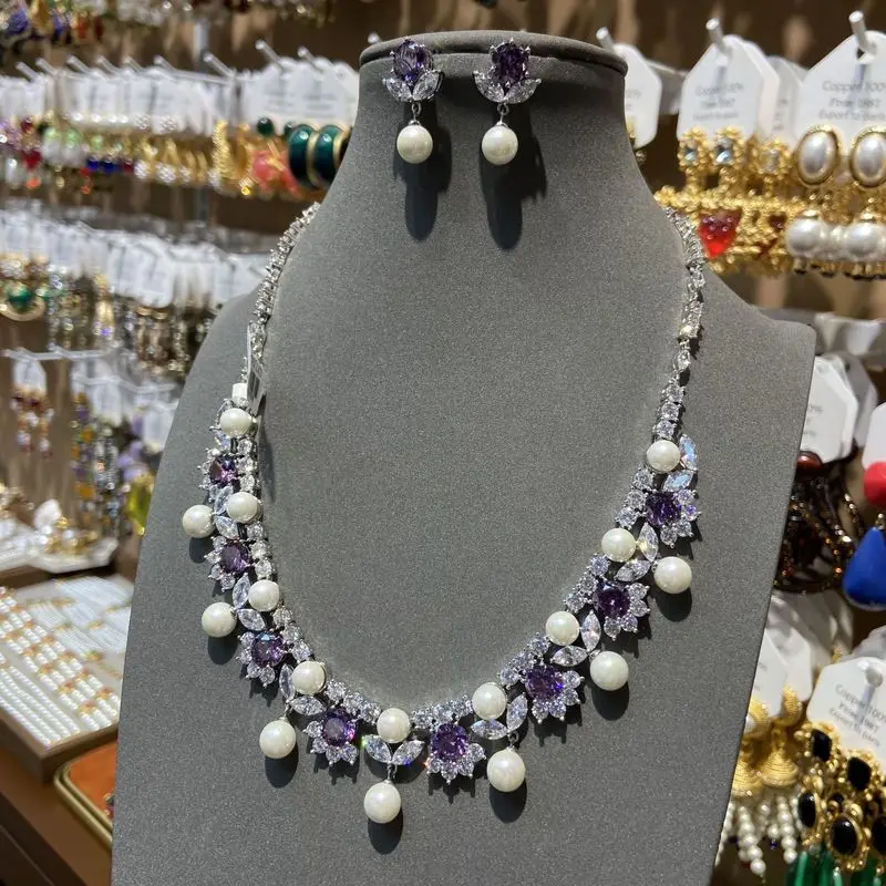 Purple Cubic Zirconia And Imitation Pearl Jewelry Set For Women Daily Wear Necklace And Earrings