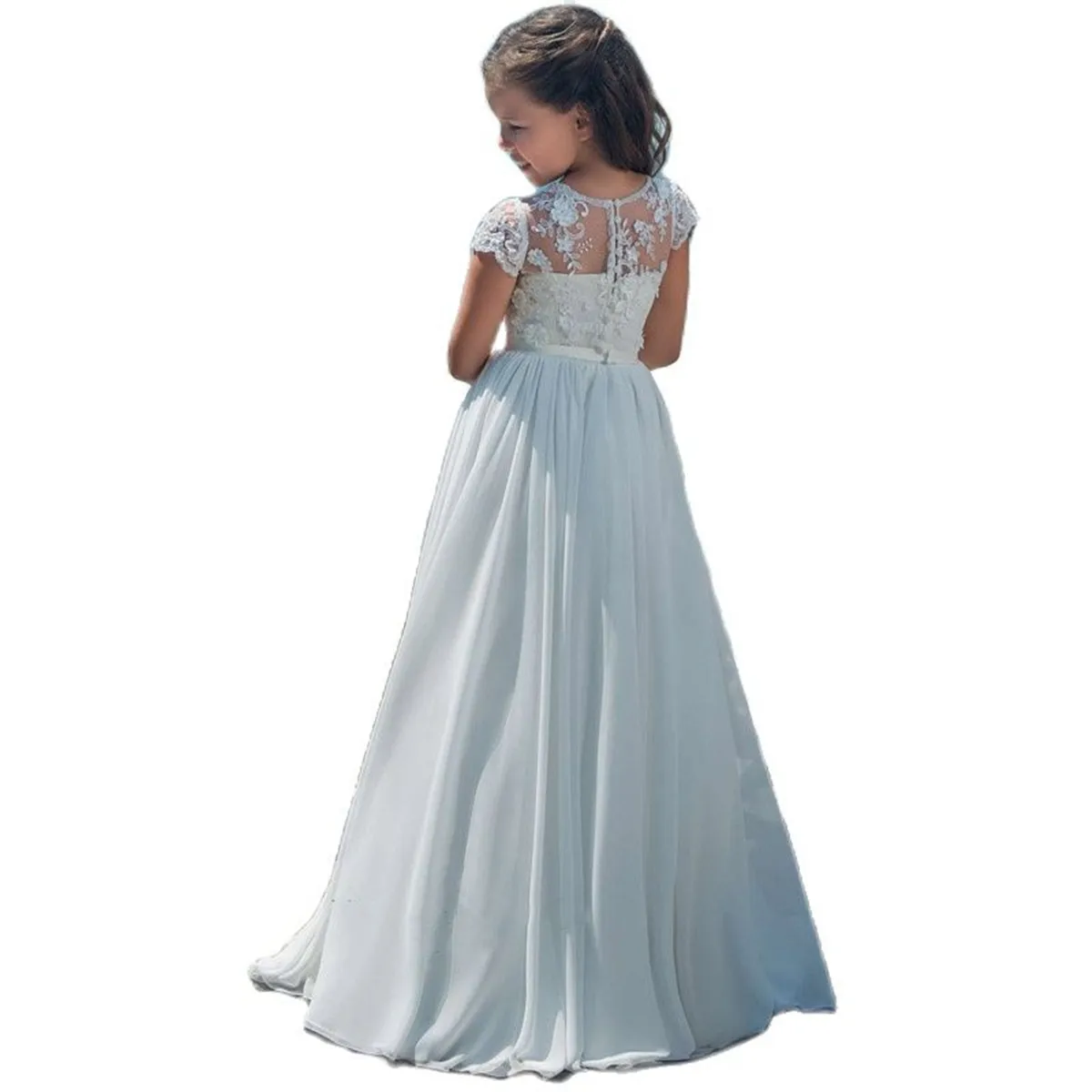 White Chiffon Lace Princess Flower Girl Dresses With Bow Beaded Crystal Up Applique Ball Gown First Communion Dress For Kids