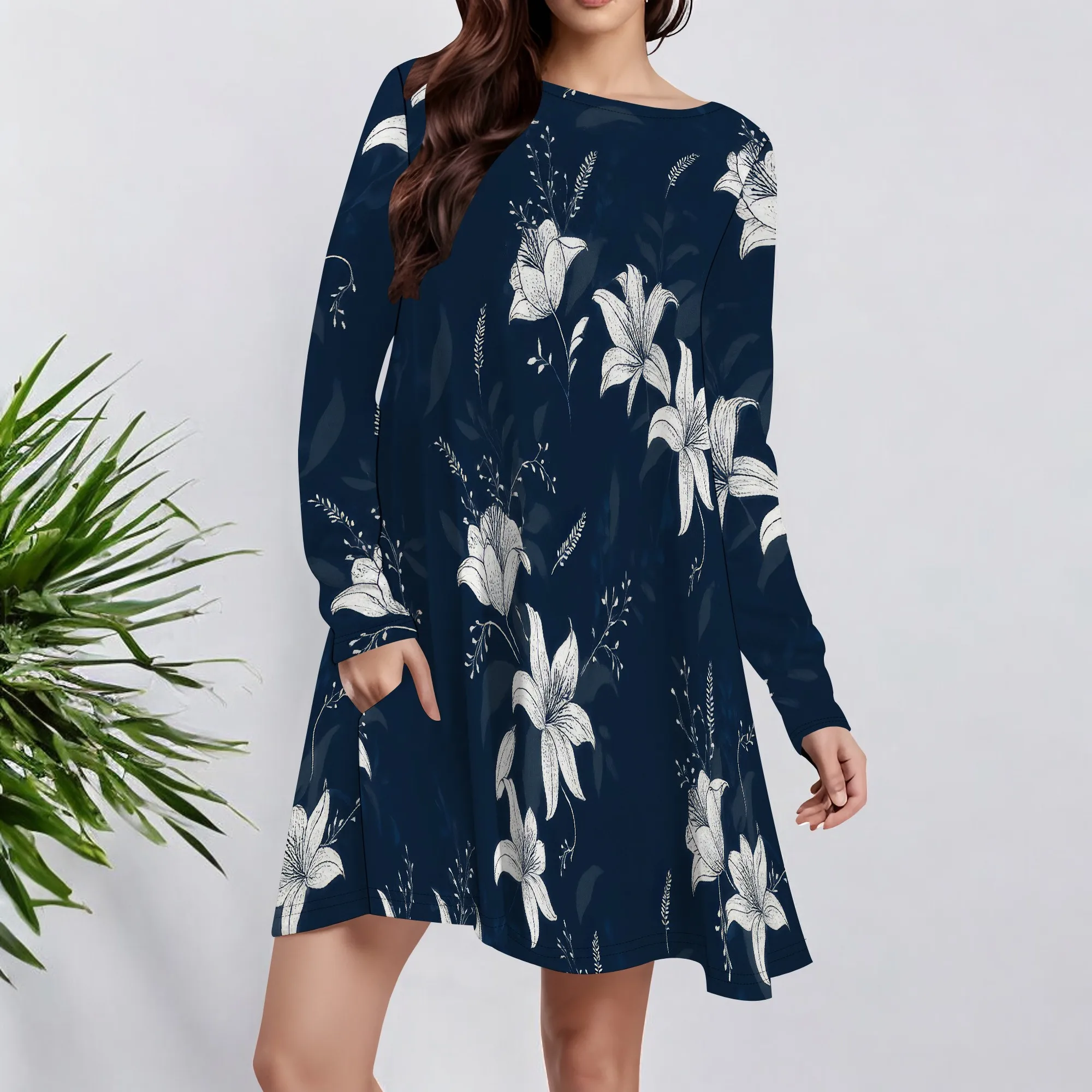 Abito da donna in maglia a maniche lunghe con sbuffo per abito a tunica casual con scollo tondo autunno inverno