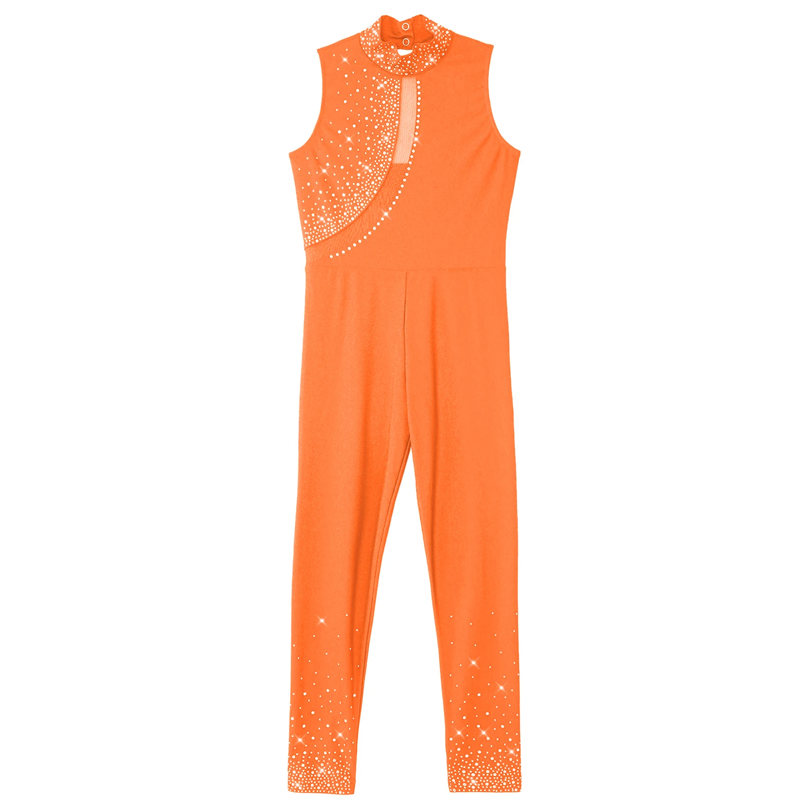

Kids Girl Sleeveless Gymnastics Leotard Ballet Figure Skating Bodysuit Shiny Rhinestones Sheer Mesh Performance Jumpsuit Costume