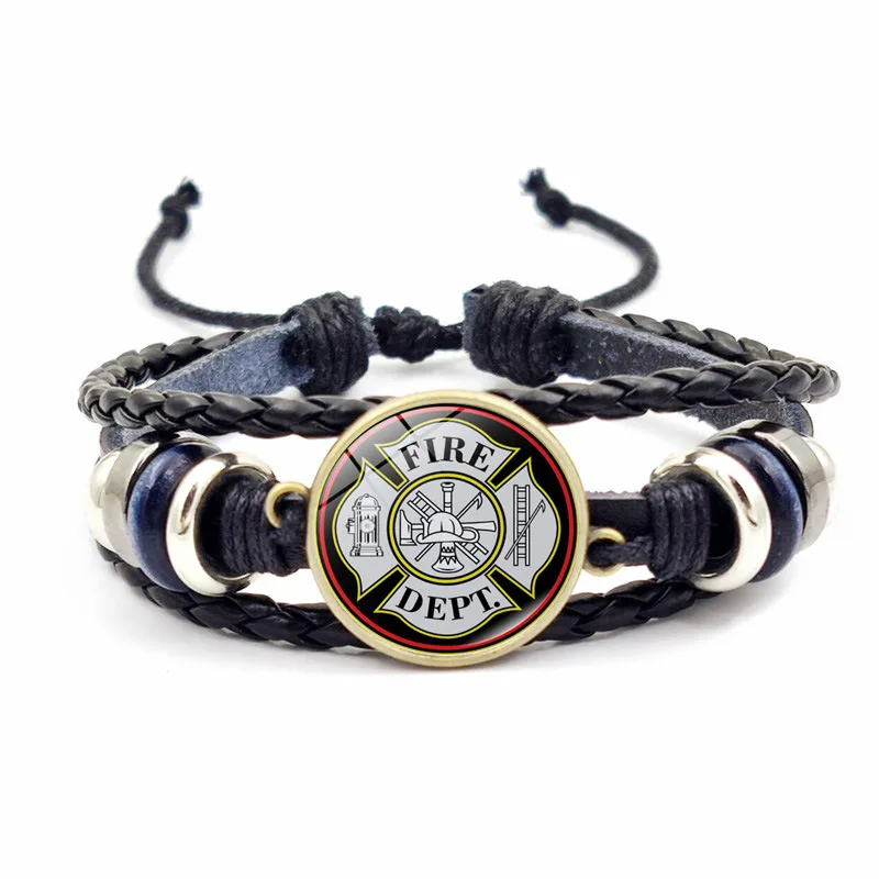 Firefighters Rescue Team Leather Bracelet Joker Cross-border Woven Retro Beaded Hand Jewelry Tide Men Women