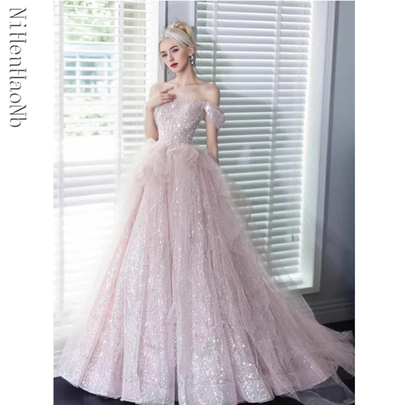 

Роскошные розовые платья для выпускного вечера с блестками, платья Quinceanera, женское легкое роскошное вечернее платье с надписью на плечах, сказочное вечернее платье, элитное вечернее платье