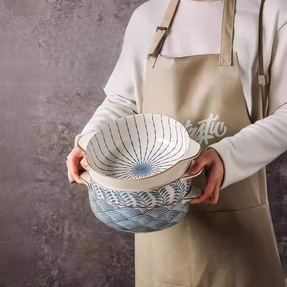 Japanese Ceramic Soup Pot with Double Handles Large Capacity Under Glaze Home Use Tableware Set