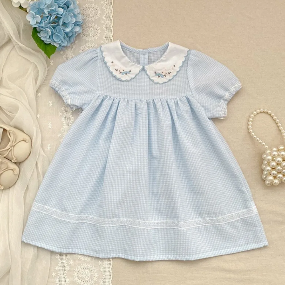 Korean Version Sweet and Cute Doll Collar Embroidered Checkered Short Sleeved Dress Casual Daily Wear for Girls Aged 2-6