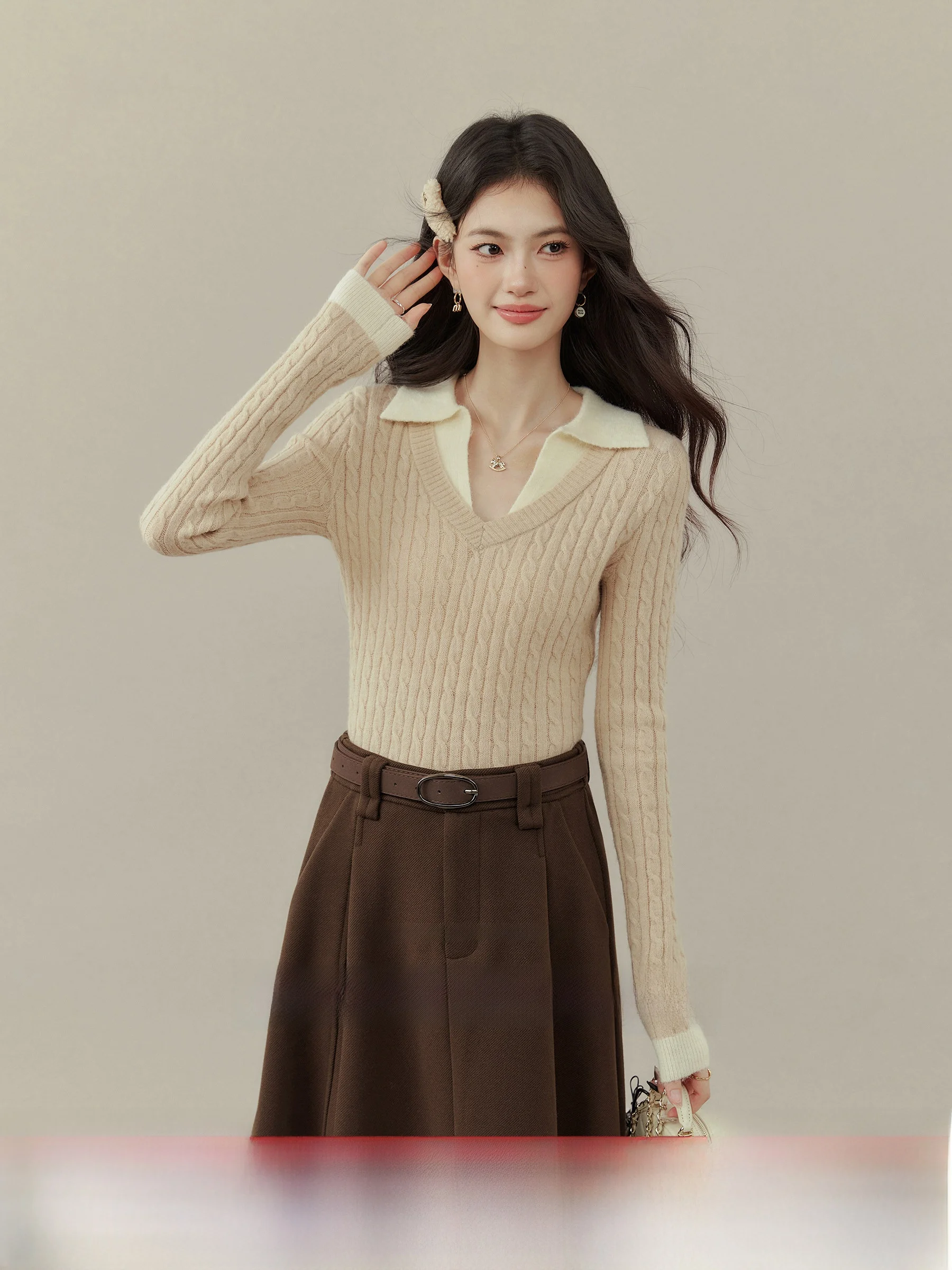 

Вязаный топ Ou Yang Xi Micro plus Size 'Loose Tea a' с V-образным вырезом, имитация двухслойности, пэчворк, для молодых девушек