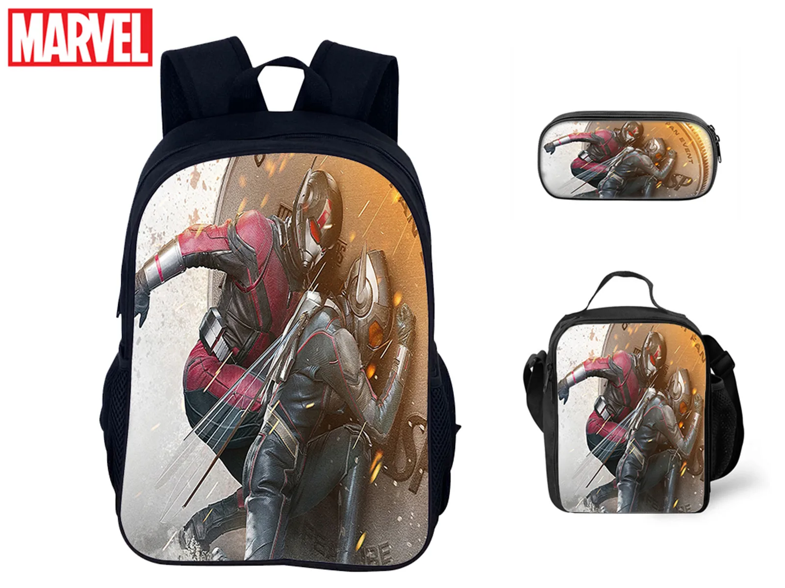 

Student Classic Ant-Man Graphic Schoolbag 3 in 1 Set-Fashion Backpack with Reusable Lunch Box,Pencil Case for Child