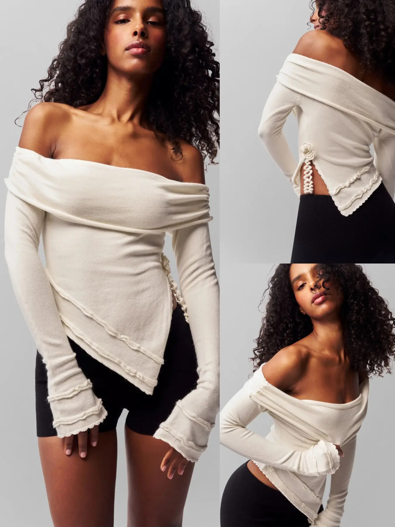 Guizi Autumn and Winter Folded Shoulder Knit Top Soft Elastic White Sweater Handmade Rose Decoration Design Irregular Hem Slit Sexy Autumn Sweater Fashionable Versatile Winter Wool Sweater